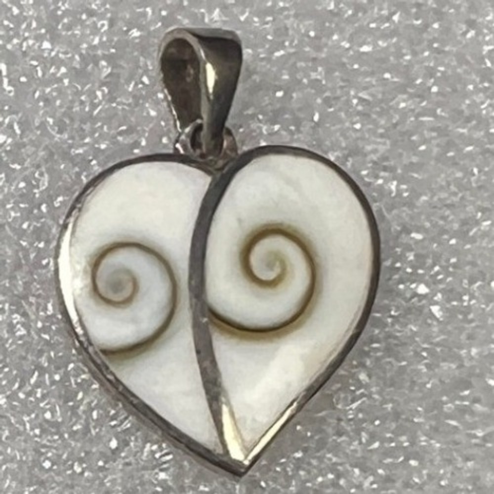 Vintage Sterling Silver Heart Pendant Enamel White Swirls‎ 1" 3.6g